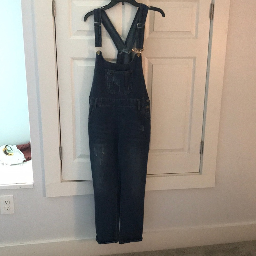 Dark denim overalls